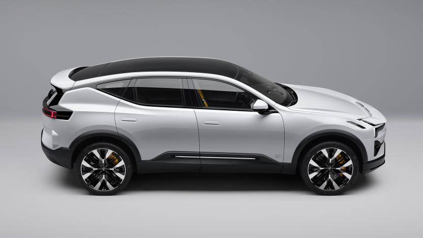 A white Polestar 3 SUV EV seen in a grey environment.
