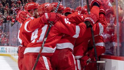 Getty Images - DETROIT, MI - APRIL 15: Lucas Raymond #23 of the Detroit Red Wings scores the game tying goal on Sam Montembeault #35 of the Montreal Canadiens during the third period at Little Caesars Arena on April 15, 2024 in Detroit, Michigan. Detroit defeated Montreal in O.T. 5-4. (Photo by Dave Reginek/NHLI via Getty Images)