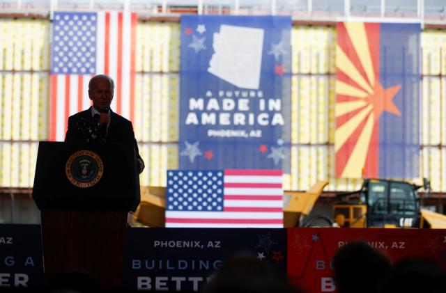 U.S. President Joe Biden delivers his remarks during a visit to TSMC AZ's first Fab (Semiconductor Fabrication Plant) in P1A (Phase 1A), in Phoenix, Arizona, U.S. December 6, 2022. REUTERS/Jonathan Ernst