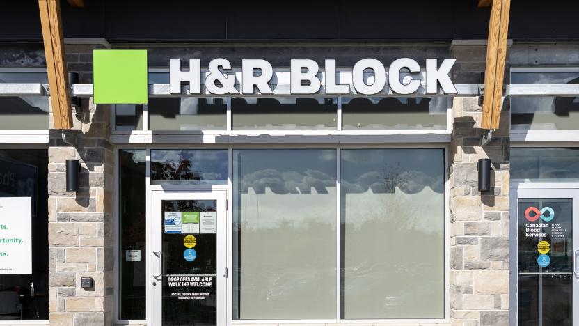 Waterloo, Ontario, Canada - October 17, 2020: A Hand R Block retail tax office in Waterloo, Ontario, Canada. H and R Block is an American tax preparation company.