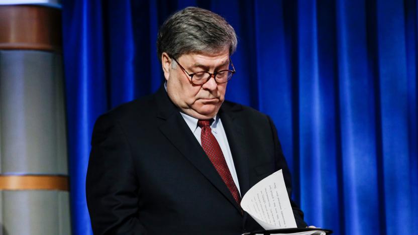 US Attorney General William Barr checks his notes as he arrives for a joint news conference on the International Criminal Court, at the State Department in Washington, DC, on June 11, 2020. - The US on Thursday accused Russia of "manipulating" the International Criminal Court as President Donald Trump announced sanctions against court officials who target US troops. "Foreign powers like Russia are also manipulating the ICC in pursuit of their own agenda," Barr said. (Photo by Yuri Gripas / POOL / AFP) (Photo by YURI GRIPAS/POOL/AFP via Getty Images)