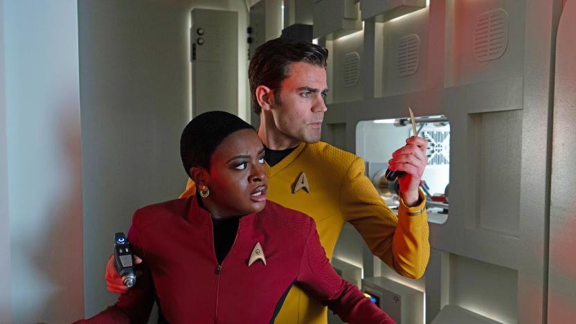 Celia Rose Gooding as Uhura and Paul Wesley as James T. Kirk in Star Trek: Strange New Worlds, streaming on Paramount+, 2023. 