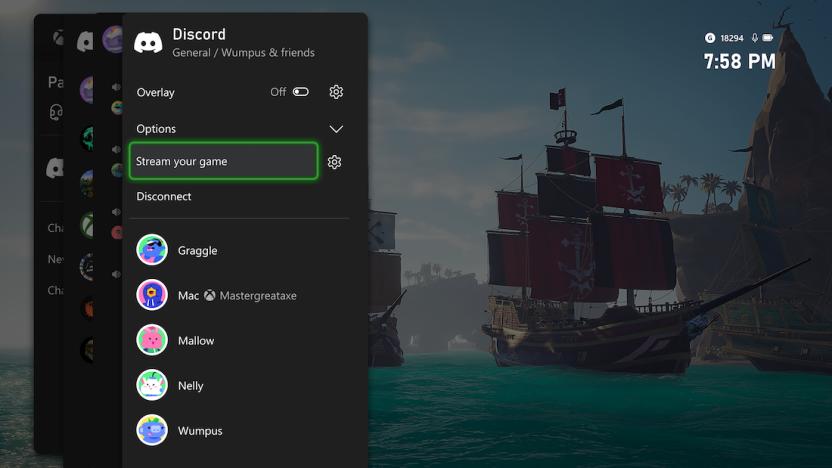 An option to "stream your game" on Discord's menu with a ship in a game in the background. 