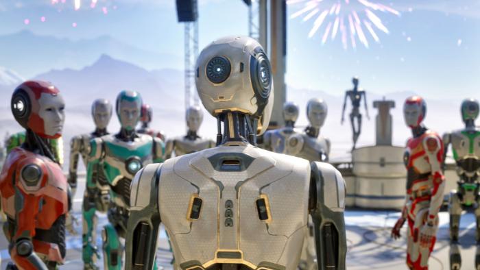 Humanoid robots standing and looking at one of them.