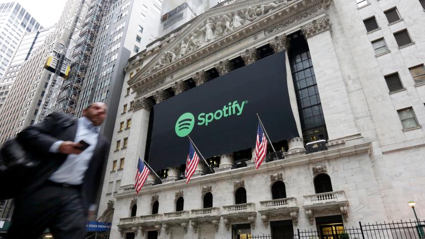 A Spotify banner adorns the facade of the New York Stock Exchange, Tuesday, April 3, 2018. Spotify, the No. 1 music streaming service which has drawn comparisons to Netflix, is about to find out how it plays on the stock market in an unusual IPO. (AP Photo/Richard Drew)