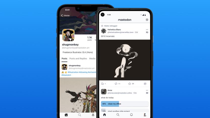 Social media platform Mastodon shown on the screens of two overlapping smartphones against a blue background.