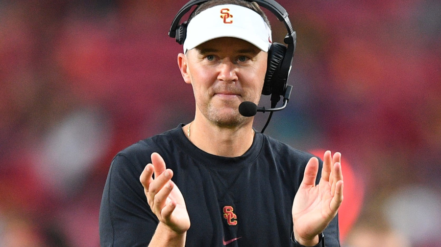 Getty Images - LOS ANGELES, CA - SEPTEMBER 02: USC Trojans head coach Lincoln Riley celebrates after a touchdown during a game between the Nevada Wolf Pack and the USC Trojans on September 2, 2023, at Los Angeles Memorial Coliseum in Los Angeles, CA. (Photo by Brian Rothmuller/Icon Sportswire via Getty Images)