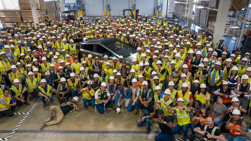 A Tesla Cybertruck rolls off the company's Giga Texas factory in Austin. 