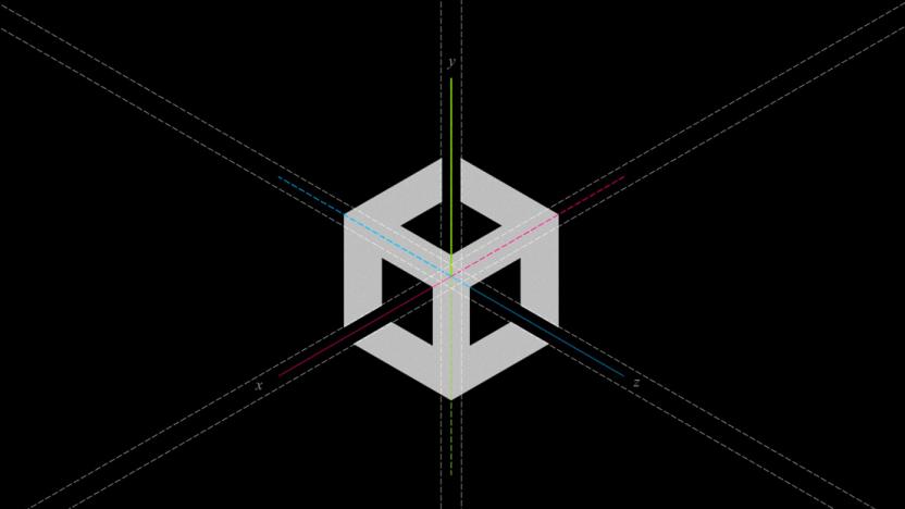 A slightly desconstructed Unity cube logo with dotted guide lines showing the cross sections of the design.