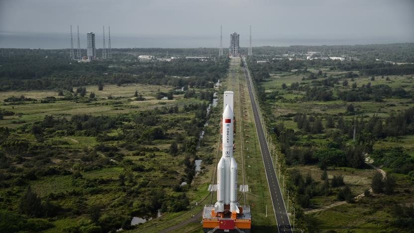 A Long March-5B carrier rocket is transported at the Wenchang Space Launch Center in Wenchang, Hainan province, China April 29, 2020. Picture taken April 29, 2020. China Daily via REUTERS  ATTENTION EDITORS - THIS IMAGE WAS PROVIDED BY A THIRD PARTY. CHINA OUT.