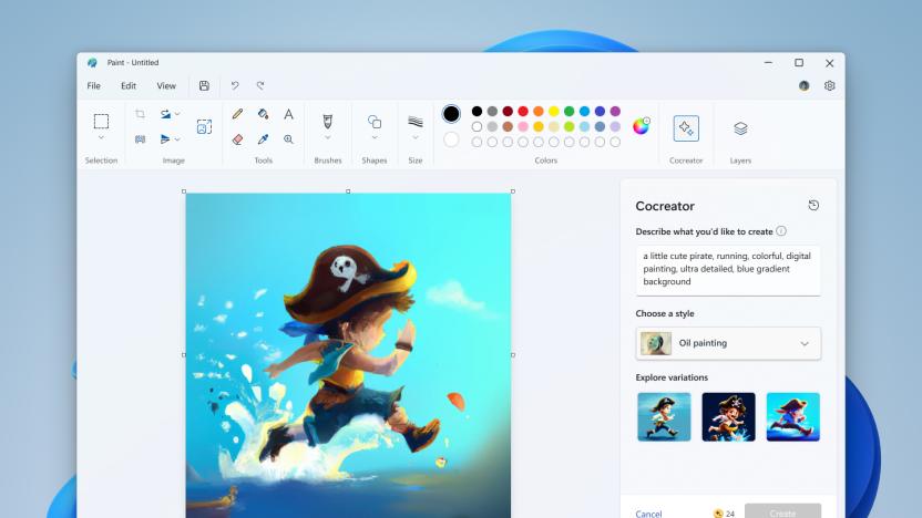 A screenshot of the Paint app in Windows 11, showing the Cocreator generative AI tool.