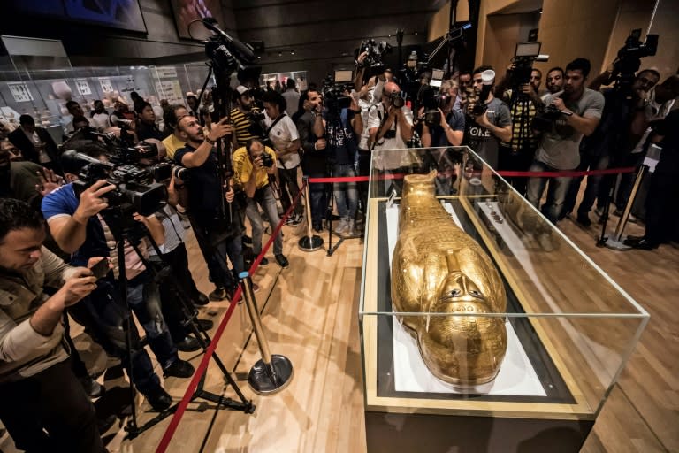 The Golden                                  Coffin of Nedjemankh, on display at the                                  National Museum of Egyptian Civilization                                  in Cairo, after its repatriation from                                  the US