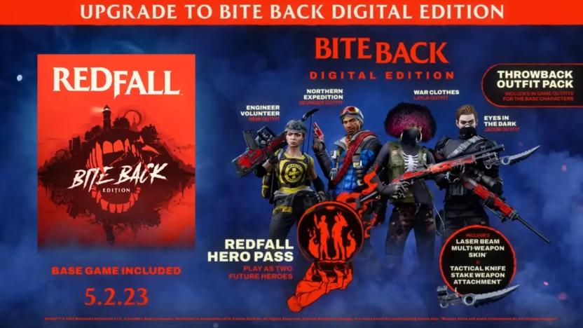 Promotional image of the Redfall Bite Back Edition. The game promo shows the cover art, four heroes and various text, including "Redfall Hero Pass: Play as two future heroes."