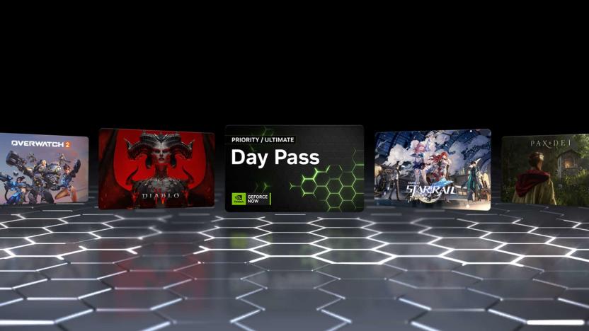 NVIDIA GeForce Now key art including text reading "Day Pass" and logos for Overwatch 2, Diablo IV and Exoprimal.