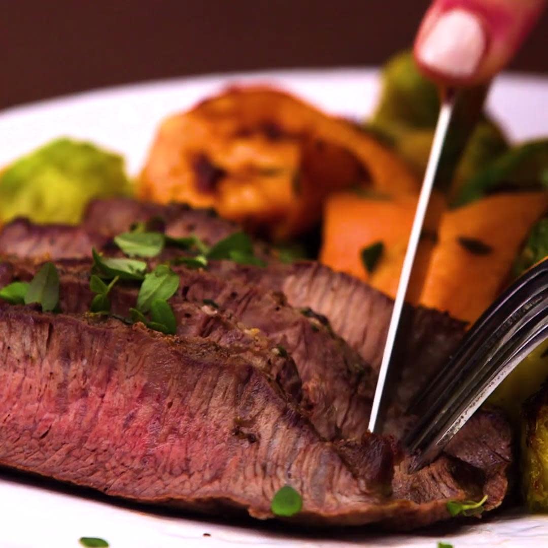 How To Make Broiled Flat Iron Steak With Brussels Sprouts And Sweet Potatoes [video]