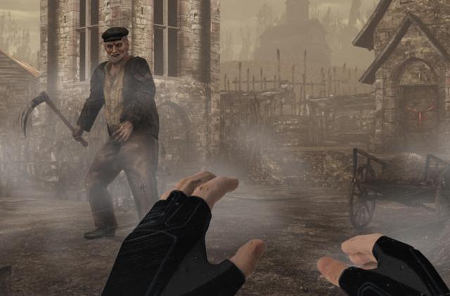 A screenshot from the Resident Evil 4 virtual reality remake, showing Leon's hands and a man with a scythe. 