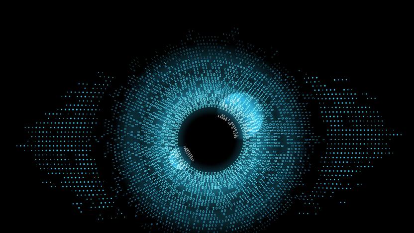 Digital eye, data network and cyber security technology, vector background. Futuristic tech of virtual cyberspace and internet secure surveillance, binary code digital eye or safety scanner