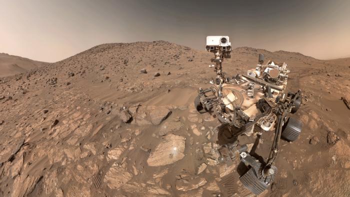 A photo of NASA's Perseverance rover. At the center is the rock that could contain signs of ancient microbial life.