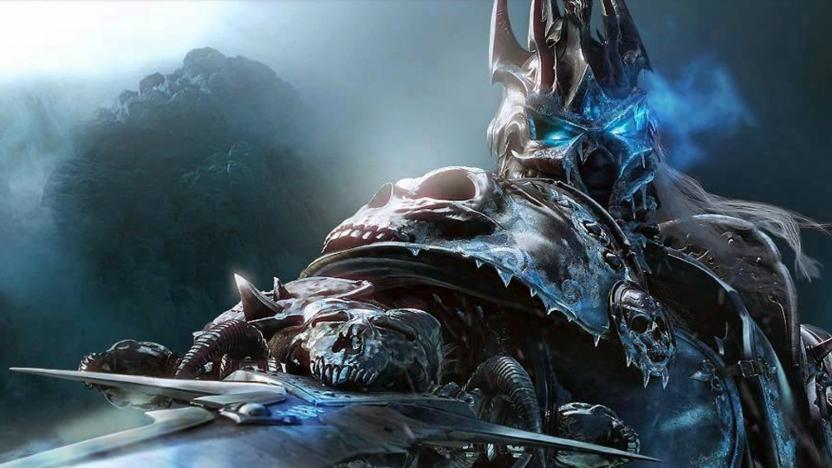 Screencap of Arthas from World of Warcraft pointing his sword, Frostmourne, at the camera.