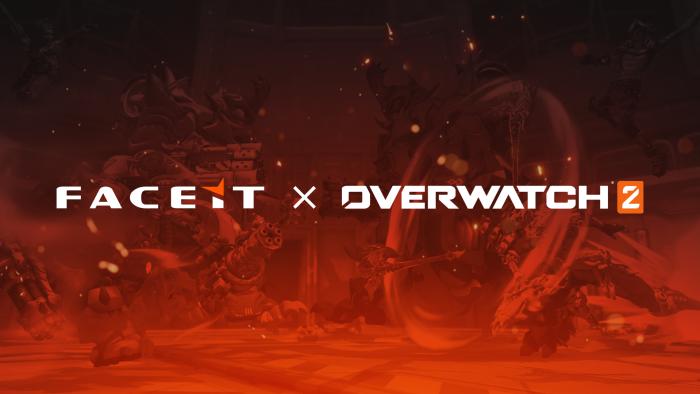A red filter over an Overwatch 2 screenshot. Text reads "ESL FACE IT GROUP x Overwatch 2."