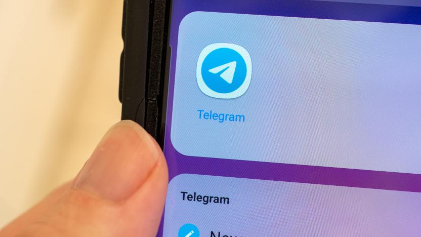 Close-up of human hand holding a cellphone displaying icon for the Telegram communications app, Lafayette, California, September 22, 2021. (Photo by Smith Collection/Gado/Getty Images)