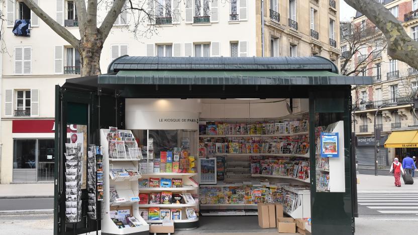 PARIS, FRANCE - MARCH 17:  A newspaper kiosk is seen while the city imposes emergency measures to combat the Coronavirus COVID-19 outbreak, on March 17, 2020 in Paris, France. The Coronavirus Covid-19 epidemic has exceeded 6,500 dead for more than 169,000 infections across the world. In order to combat the Coronavirus COVID-19 outbreak, and during a televised speech dedicated to the coronavirus crisis on March 16, French President, Emmanuel Macron announced that France starts a nationwide lockdown on March 17 at noon. (Photo by Stephane Cardinale - Corbis/Corbis via Getty Images)