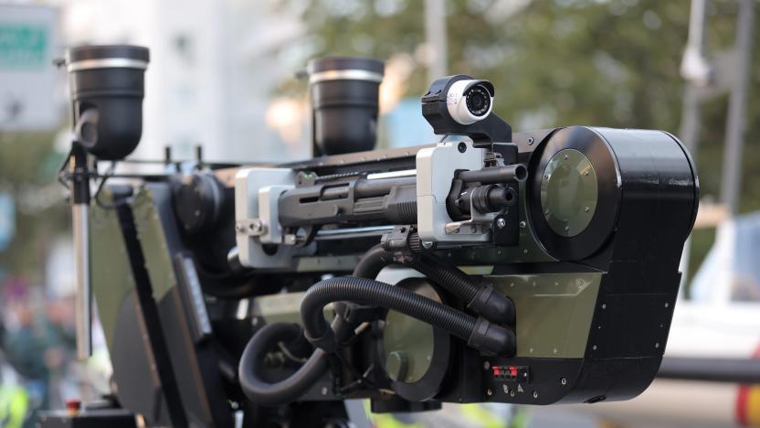 MADRID, SPAIN - OCTOBER 12: Detail of a bomb disposal robot during the solemn act of homage to the national flag and military parade on Columbus Day, on 12 October, 2021 in Madrid, Spain. The improvement of the health situation has allowed the traditional parade for 12 October, which last year had to be replaced by an austere static act in the courtyard of the Royal Palace, without public and a reduced participation of military units, to be held again. A total of 2,656 military personnel, 68 aircraft including planes and helicopters and 115 vehicles are taking part in this year's parade. (Photo By Eduardo Parra/Europa Press via Getty Images)