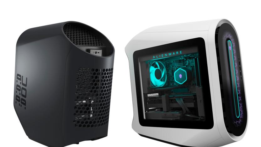 Images of the Alienware Aurora with the Legend 2.0 chassis. A black version is seen from the rear, while there's a side-on view of the white model with a transparent panel.