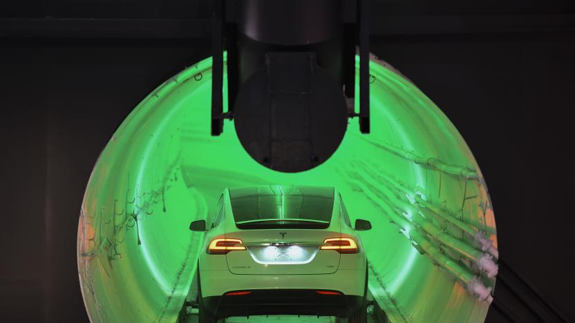 HAWTHORNE, CA - DECEMBER 18: A modified Tesla Model X electric vehicle enters a tunnel before an unveiling event for The Boring Company Hawthorne test tunnel December 18, 2018 in Hawthorne, California. On Tuesday night, The Boring Company will officially open the Hawthorne tunnel, a preview of Musk's larger vision to ease traffic in Los Angeles. (Photo by Robyn Beck-Pool/Getty Images)
