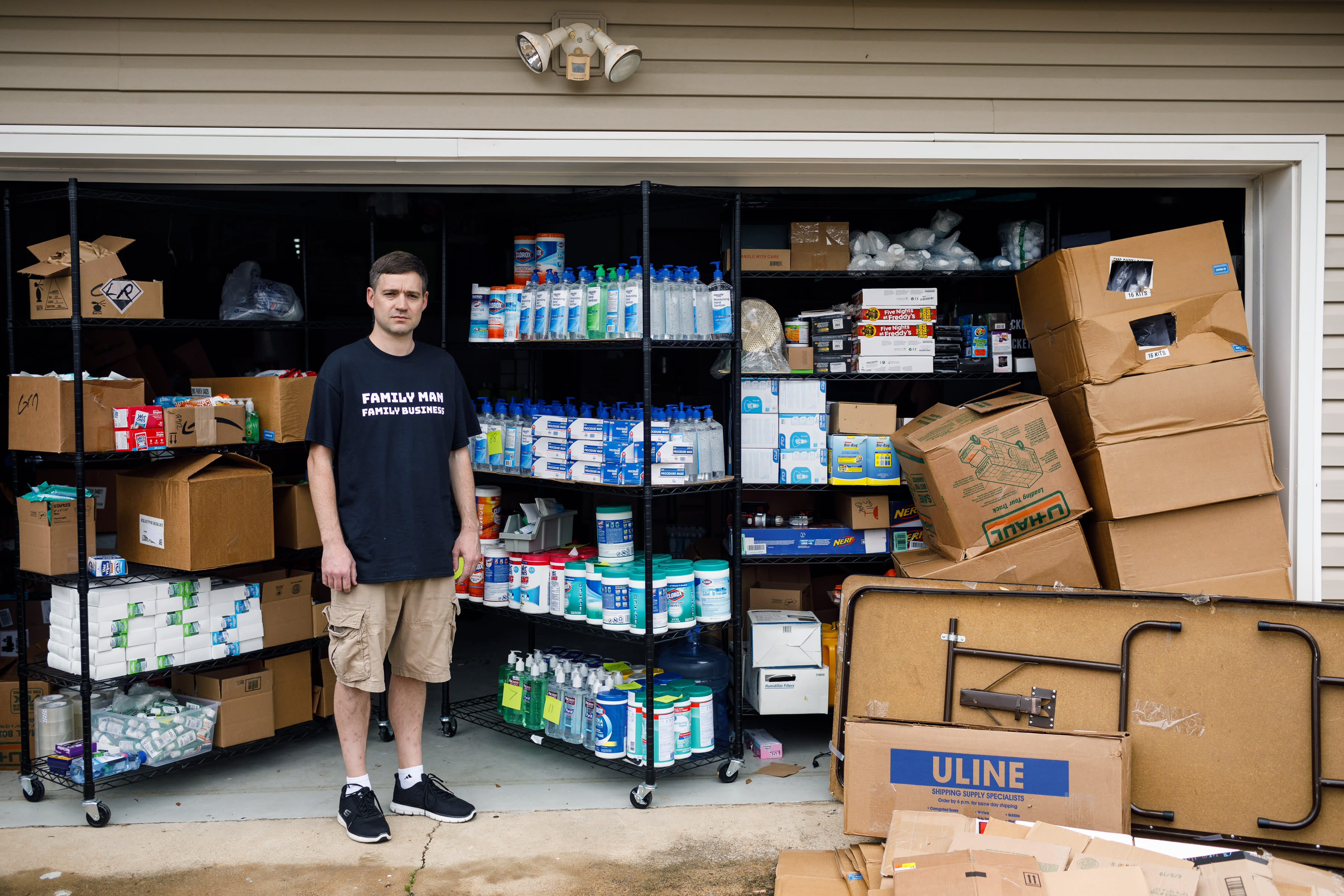 Matt Colvin with his stock of hand sanitizer and other supplies in demand due to coronavirus concerns that he was selling online until Amazon and other sites started cracking down on price gouging, at his home in Hixson, Tenn., March 12, 2020. Sites like Amazon and eBay have given rise to a growing industry of independent sellers who snatch up discounted or hard-to-find items in stores to post online and sell around the world. (Doug Strickland/The New York Times)