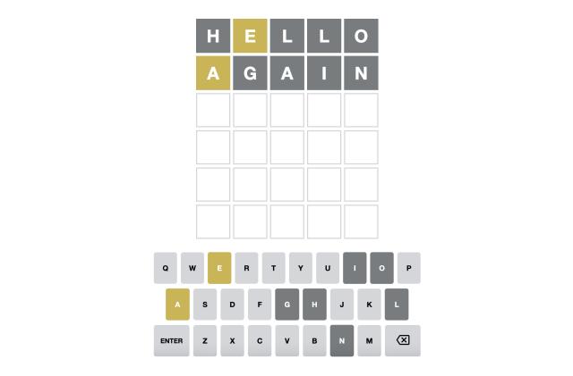 A screen capture of a Wordle game showing the words "hello again" at the top.