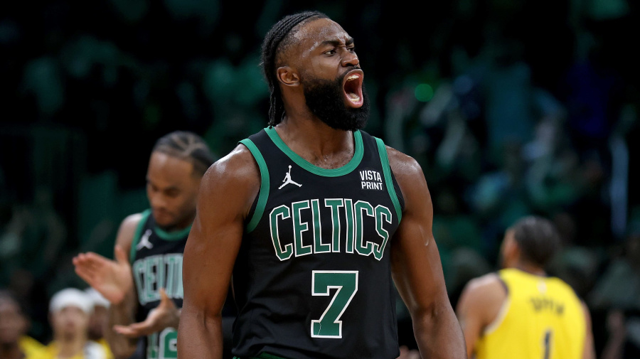 Getty Images - Boston, MA - May 23: Jaylen Brown #7 of the Boston Celtics screams out in celebration during the second half of Game 2 of the Eastern Conference Finals against the Indianapolis Pacers at the TD Garden.  (Photo By Matt Stone/Boston Herald)