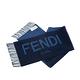 FENDI 經典羊毛雙色格紋FENDI ROMA字母圖案流蘇圍巾 (藍色) product thumbnail 6