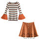 條紋喇叭袖毛衣+排釦鹿皮絨裙 兩件套 (條紋+棕色)-OOTD product thumbnail 3