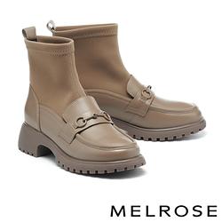 短靴 MELROSE 美樂斯 前衛復古馬銜釦拼接牛皮樂福厚底短靴－綠