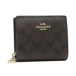 COACH 立體金色馬車LOGO緹花皮革零錢短夾 深棕