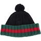 GUCCI 經典綠紅綠織紋反褶毛球飾針織帽(黑色/100%CASHMERE) product thumbnail 2