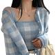 La Belleza韓版時尚兩件式格紋開釦針織毛料外套+針織吊帶背心 product thumbnail 2