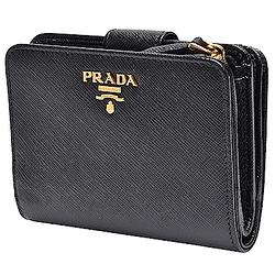 PRADA SAFFIANO METAL經典金色金屬浮雕LOGO防刮牛皮短夾/零錢包(黑)