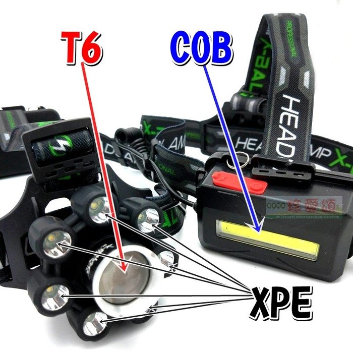 【珍愛頌】M019 八頭強光頭燈 T6 附二電池 強光燈 電池盒爆閃COB 變焦 凸鏡 T6 夜釣 登山 露營 朔溪