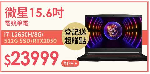 MSI微星 Thin GF63 12UCX-289TW 15.6吋電競筆電(i7-12650H/8G/512G SSD/RTX2050-4G/Win11)