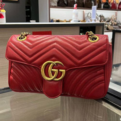 GUCCI Marmont 紅色牛皮古銅金釦掀蓋斜背