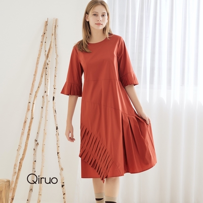 【Qiruo 奇若名品】橘紅色長版洋裝3282F(摺衣不同層次拼湊剪裁裙擺設計)