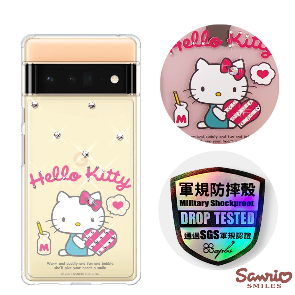 三麗鷗 Kitty Google Pixel 6 Pro 輕薄軍規防摔彩鑽手機殼-凱蒂愛你唷