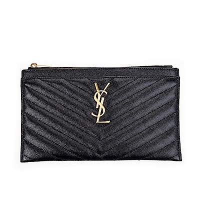 YSL 經典MONOGRAM系列V字縫線魚子醬牛皮金色LOGO拉鍊手拿包 (黑色)