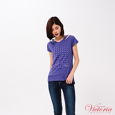 Victoria 貼片刺繡領型變化短袖T-女-藍紫