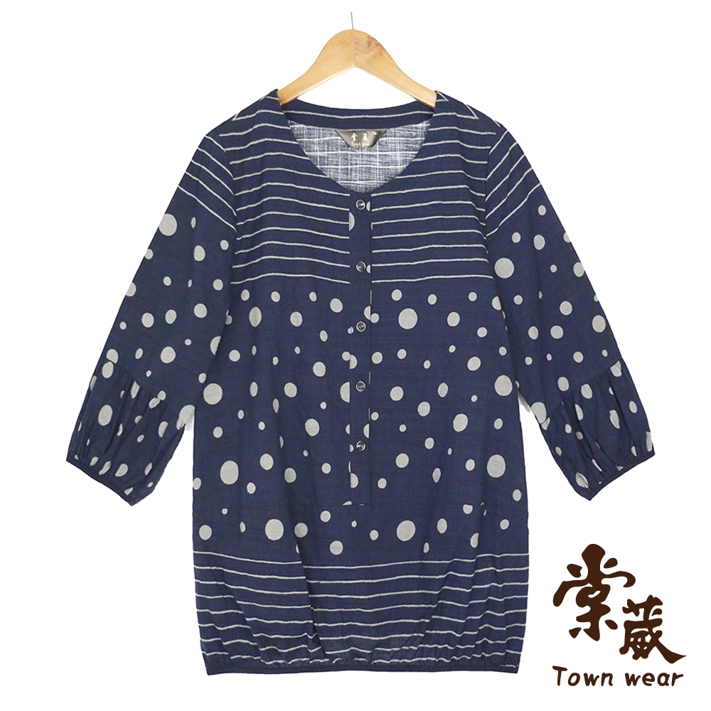 【TOWNWEAR棠葳】滿版幾何印花純棉開襟上衣(中大尺碼/女上衣/五分袖) (藍色系)