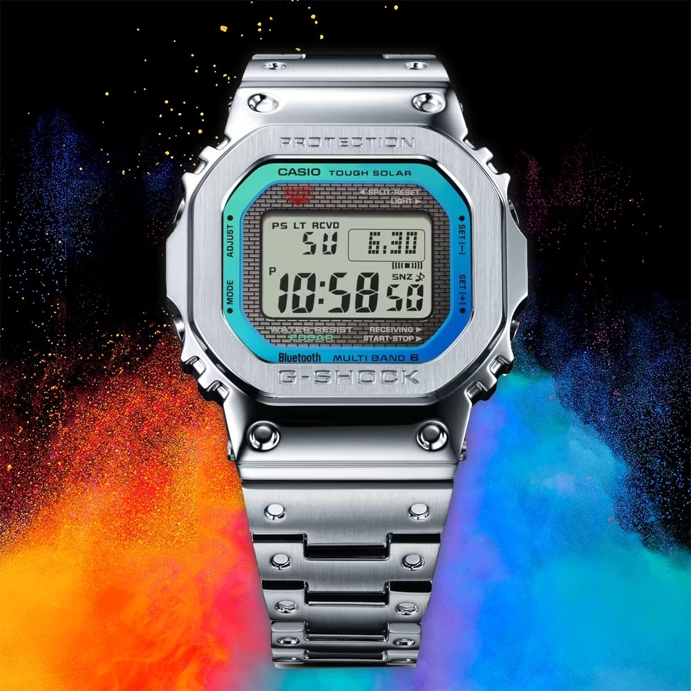 CASIO 卡西歐 G-SHOCK 全金屬 彩虹光譜 太陽能電波手錶 送禮首選-百搭銀 GMW-B5000PC-1