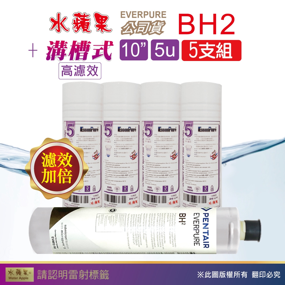 【水蘋果】Everpure BH2 公司貨濾心+WAP-110高濾效10吋溝槽5uPP濾心(5支組)