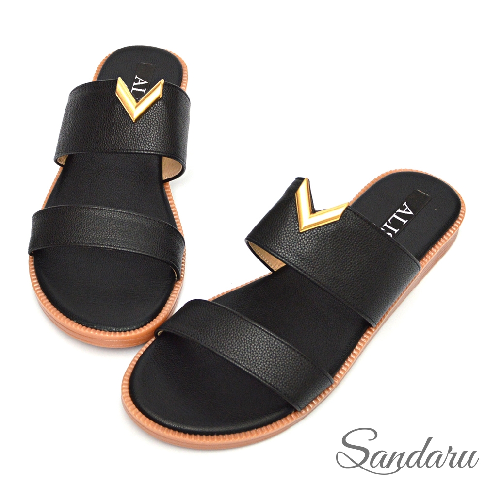 山打努SANDARU-拖鞋 V型金釦寬版平底拖鞋-黑
